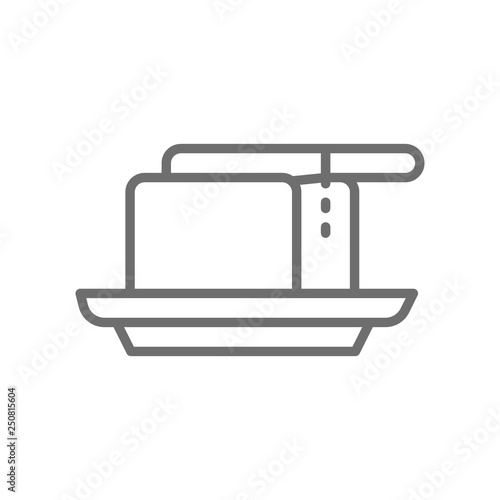 Butter in butterdish with knife line icon.