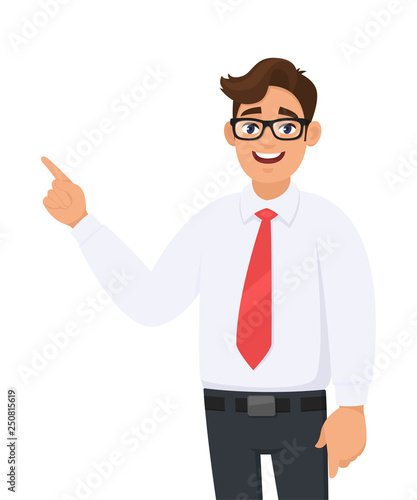 Young businessman pointing hand to copy space side away, concept of advertisement product,introduce something. Man shows presenting gesture or sign. Cartoon illustration in white background.