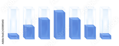 Vector statistical illustration of histogram. Glass columns with blue liquid characterizing the normal distribution or Gaussian distribution. Percentage increase and decrease. Isolated on white.