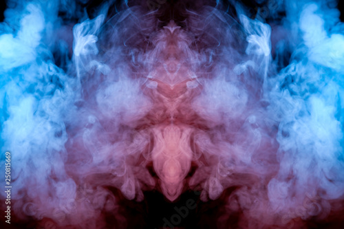 A multi-colored pattern of purple and blue smoke of a mystical shape in the form of a ghost's head or a strange creature on a black isolated background. Abstract pattern in of waves and steam.