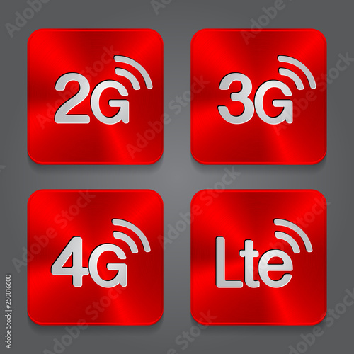 2G, 3G, 4G and LTE technology symbols. Red Metal button icon.