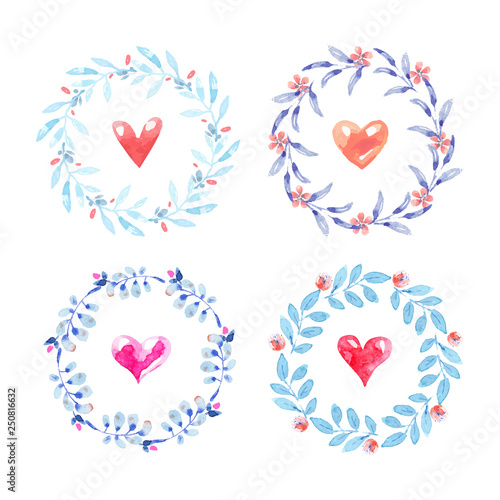 Collection of watercolor wreaths with hearts 