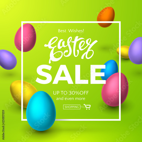 Vector template of Easter sale banner with 3d realistic colorful eggs, frame and text on green background. Festive layout for design of promo flyers and posters with discount or special offers.