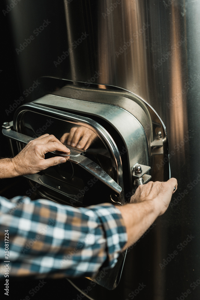 Fototapeta premium cropped view of male brewer working with brewery equipment