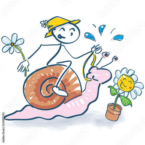 Strichmännchen reitet auf einer Schnecke in den Frühling