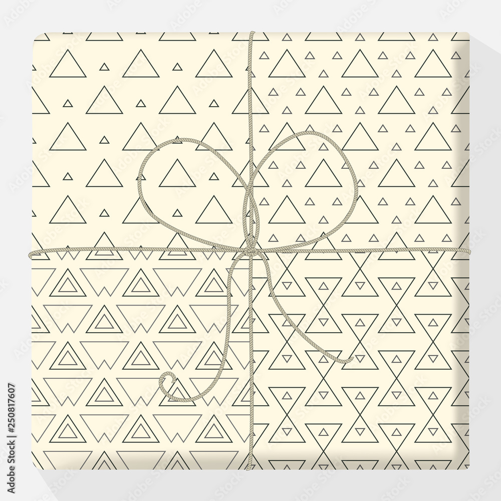 Set of repeating and seamless patterns on a gift box. Mock up vector variation. Modern stylish geometric texture of monochrome shapes of triangle variants. Simple and hipster design illustration Set of repeating and seamless patterns on a gift box. Mock up vector variation. Modern stylish geometric texture of monochrome shapes of triangle variants. Simple and hipster design illustration