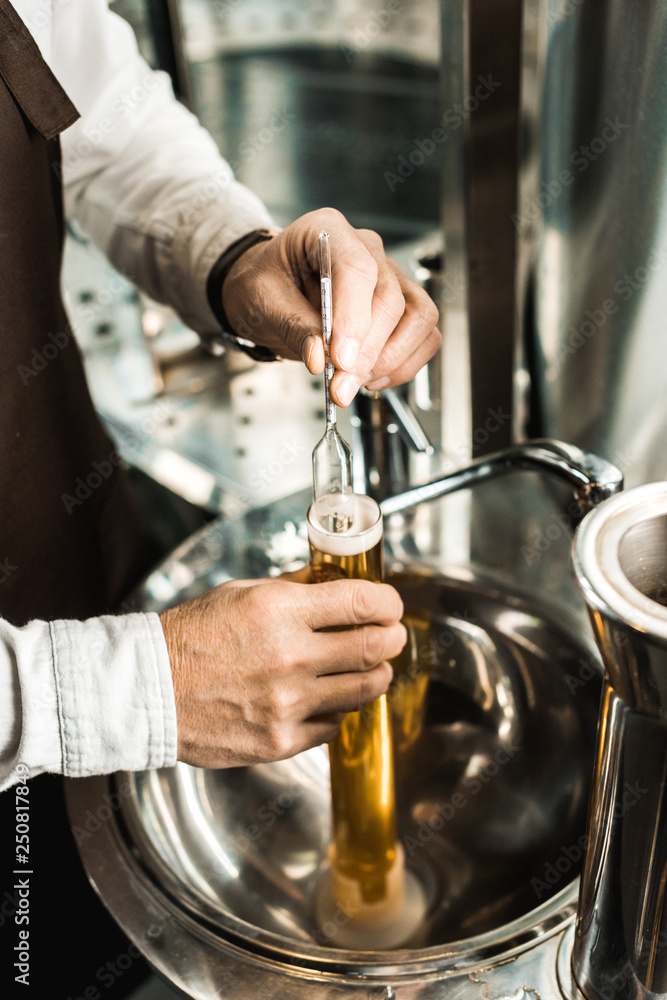 cropped view of male brewer examining beer in flask in brewery