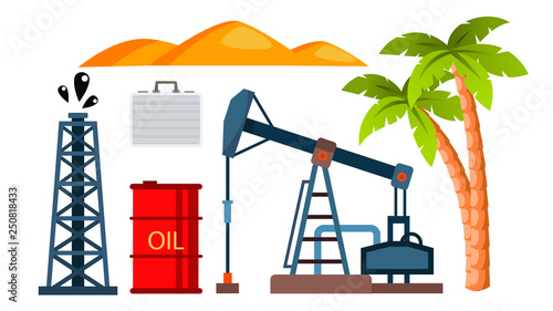 Oil Icons Production Extraction Vector. Isolated Flat Cartoon Illustration