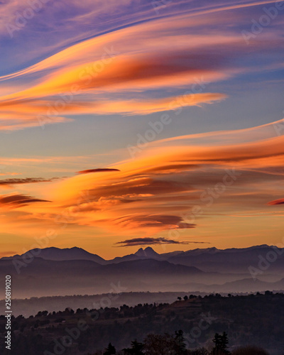 Amazing colorful sunset behind Pedraforca's mountain