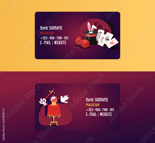 Magician business card vector illusionist show magic illusion or magical illusionism on business-card backdrop and cartoon show performance with bunny dices dove background set illustration