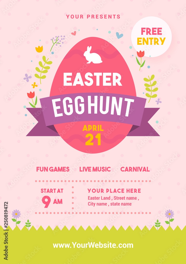 Fototapeta premium Easter egg hunt poster vector illustration. Egg with spring floral on pink dot pattern background. flyer design