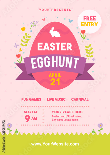 Easter egg hunt poster vector illustration. Egg with spring floral on pink dot pattern background. flyer design
