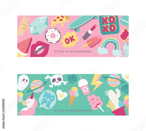 Cartoon vector girlish accessories lipstick icecream kids unicorn rainbow and doghnut illustration colorful set of backdrop girlie background