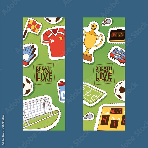 Soccer vector soccerball sticker football pitch and sportswear of footballer or soccerplayer illustration backdrop set of footballing clothes wallpaper trophy cup background