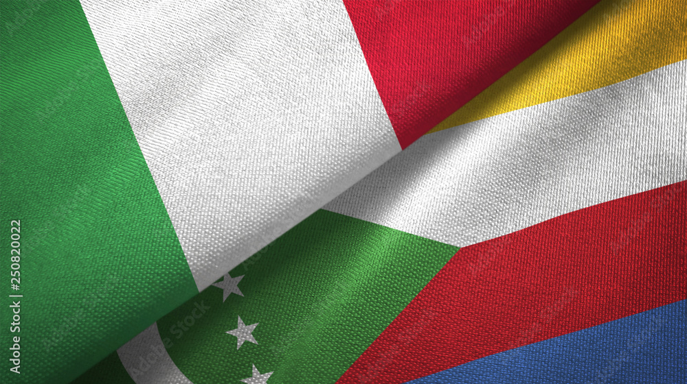 Italy and Comoros two flags textile cloth, fabric texture