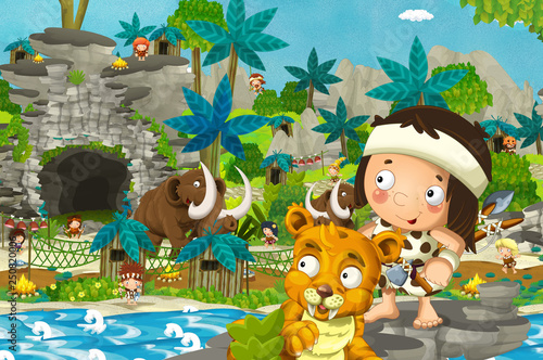 cartoon cavemen village scene with mammoth and volcanoes near the river in the background - illustration for children