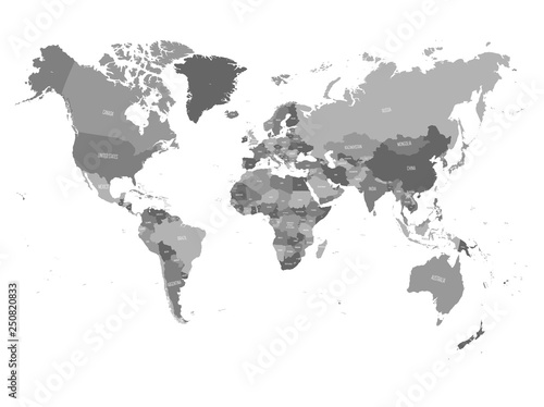 Fototapeta Naklejka Na Ścianę i Meble -  World map in four shades of grey on white background. High detail political map with country names. Vector illustration