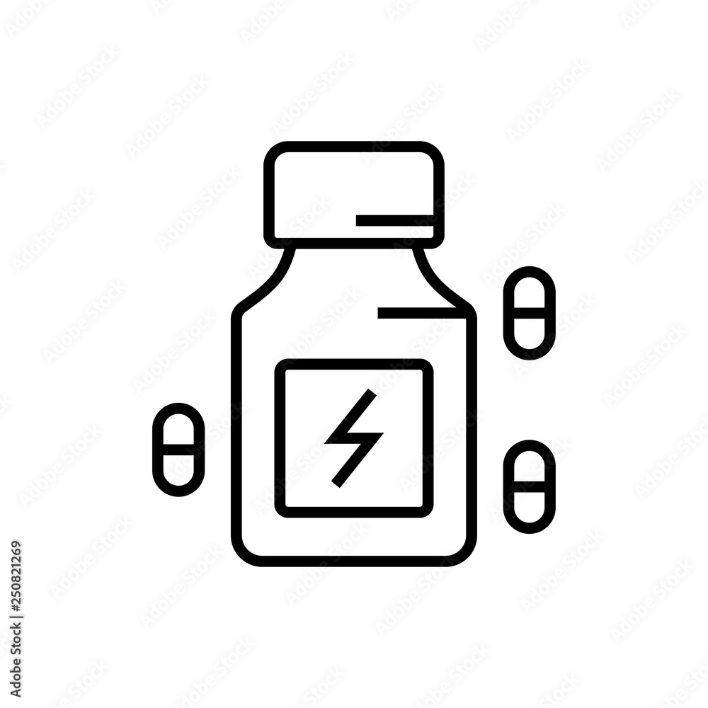 energy booster supplement icon with pill symbol. medicine for bodybuilder illustration. simple monoline vector graphic. energy booster supplement icon with pill symbol. medicine for bodybuilder illustration. simple monoline vector graphic.