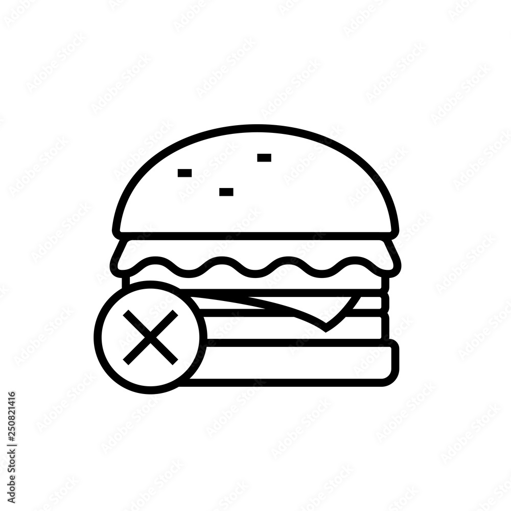 no junk food icon. burger with cross symbol for healthy diet illustartion. simple monoline vector graphic no junk food icon. burger with cross symbol for healthy diet illustartion. simple monoline vector graphic
