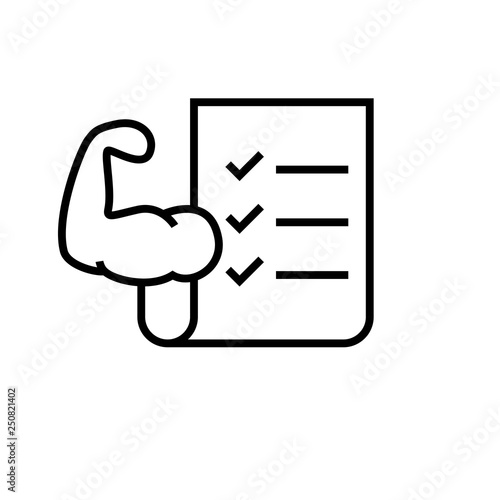 fitness exercise plan icon. workout list sheet with hand muscle symbol for bodybuilding program. simple monoline vector graphic