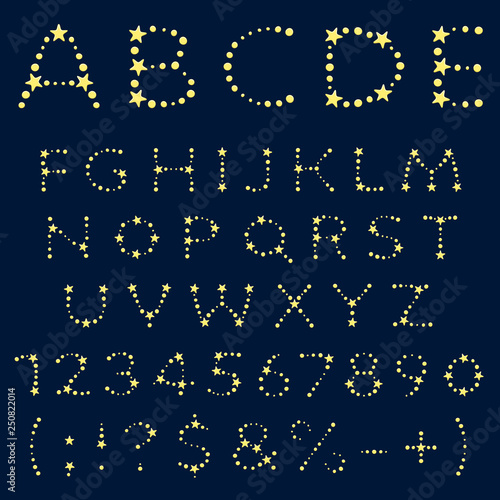 Alphabet, letters, numbers and signs of yellow stars. Isolated vector objects.