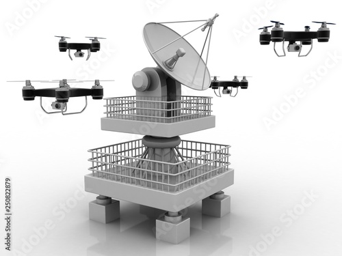 Satellite Dish and spaceship with drone, 3d rendering