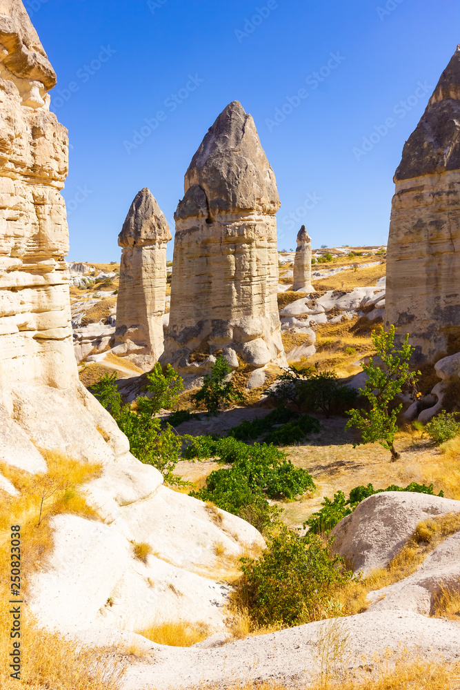 Beautiful landscape of Magic forms of sandstone rock near Goreme village, Cappadocia, Turkey