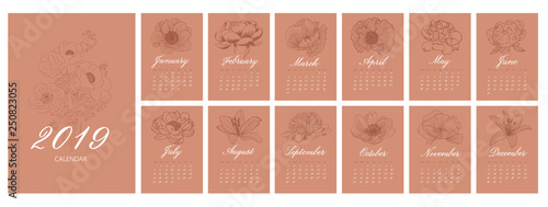Monthly creative calendar 2019 with flowers.Planner with calligraphy of months of the year. Set of 12 Months. Week Starts Sunday.