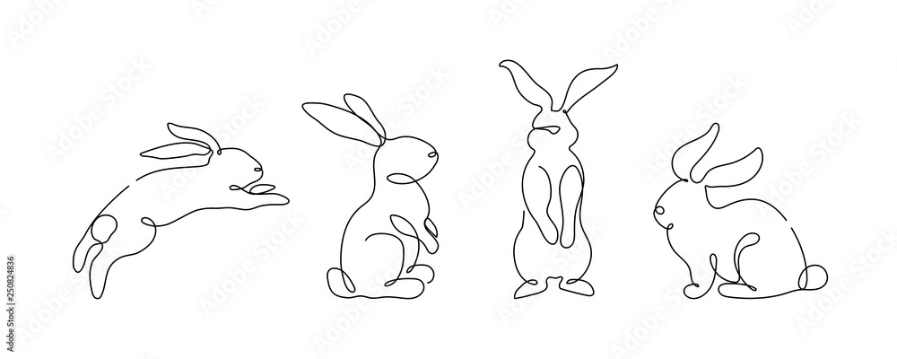 Easter bunny set in simple one line style. Rabbit icon. Black and white minimal concept vector illustration