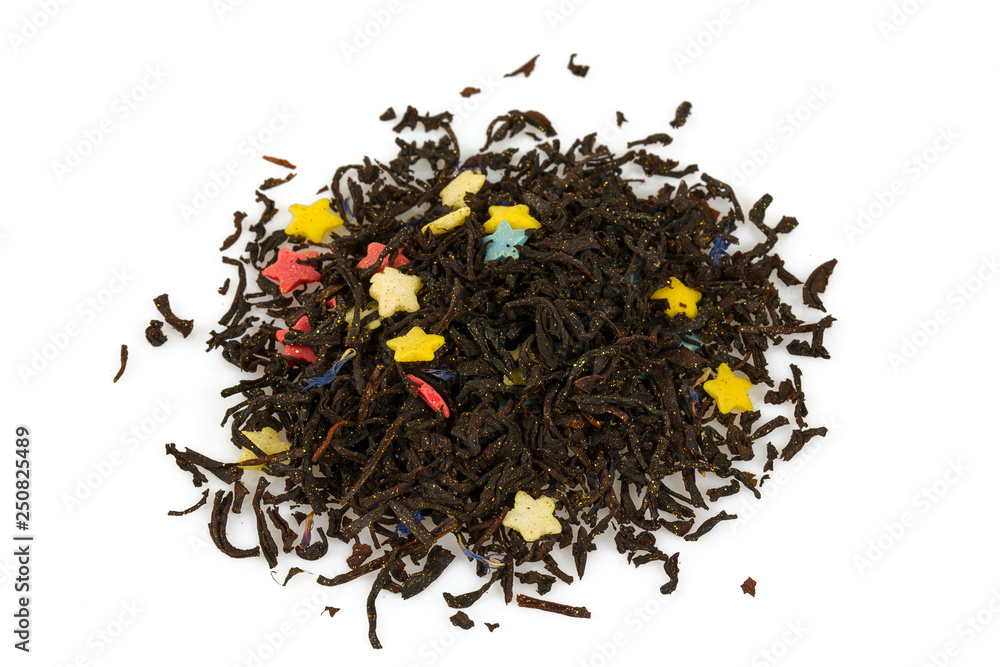 Aromatic black dry tea with star shaped candies and golden dust Aromatic black dry tea with star shaped candies and golden dust