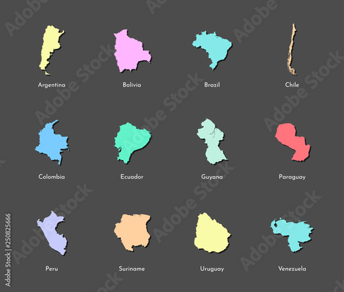 Vector illustration set with simplified maps of all South America states (countries: Argentina, Brazil, Chile, Ecuador, Peru and others). Colorful silhouettes, dark grey background. Alphabet order