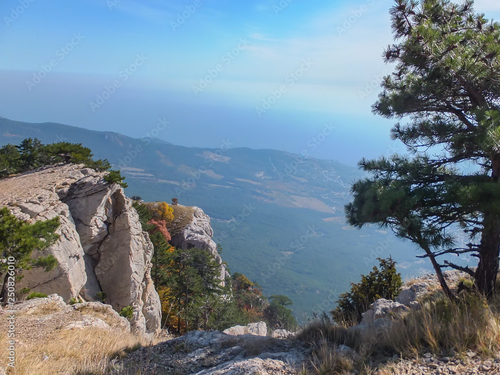 Beautiful mountain landscape from Crimean highest mountain Ai-Petri. The white rock massif in left and fragment of pine in right. Place for your text.