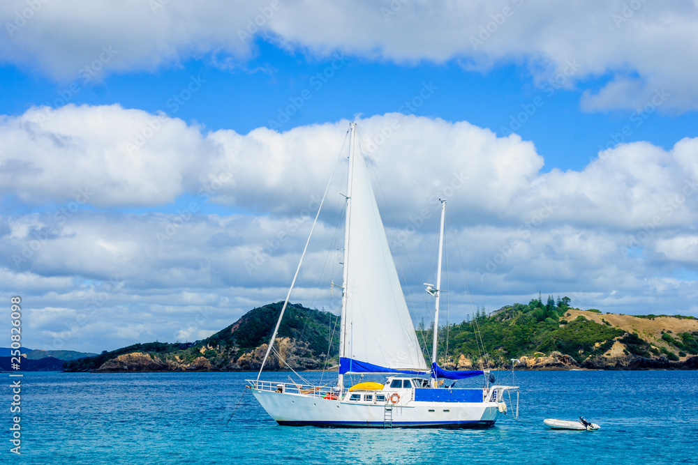 Fishing boat and landscape in the Bay of Islands Fishing boat and landscape in the Bay of Islands