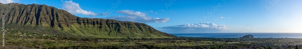 Panoramic view of Makaha valley on the west coast of Oahu at sunset