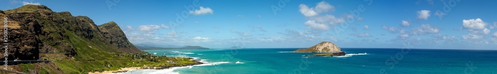 Panoramic view of Makapuu beach with Rabbit Island
