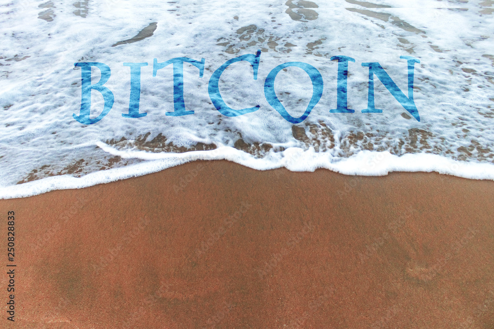 Fototapeta premium Concept of bitcoin on waves on the beach side . ups and downs in cryptocurrency . trending advertisement banner 