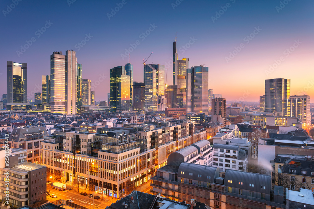 Frankfurt am Main, Germany. Aerial cityscape image of Frankfurt am Main skyline during beautiful sunrise.