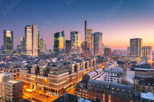 Fototapeta Naklejka Na Ścianę i Meble -  Frankfurt am Main, Germany. Aerial cityscape image of Frankfurt am Main skyline during beautiful sunrise.