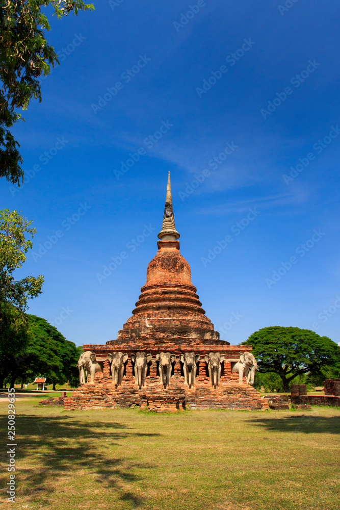 Wat Chang lom which has old-style pagoda with elephant statues around sukhothai historical park in Thailand., Tourism, World Heritage Site, Civilization,UNESCO