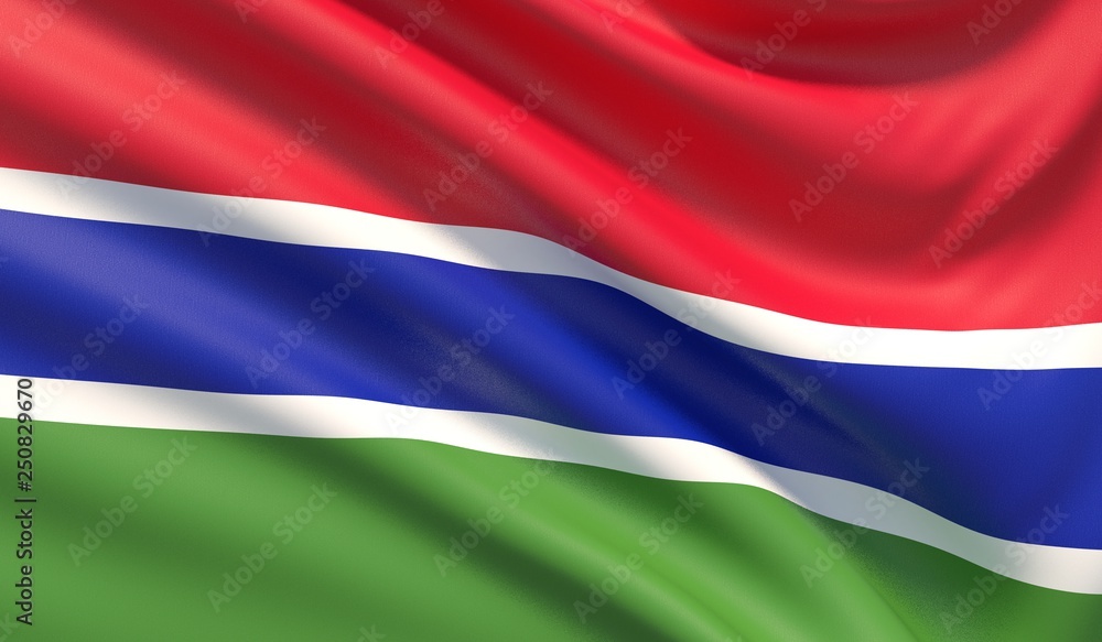 Fototapeta premium Flag of Gambia. Waved highly detailed fabric texture. 3D illustration.