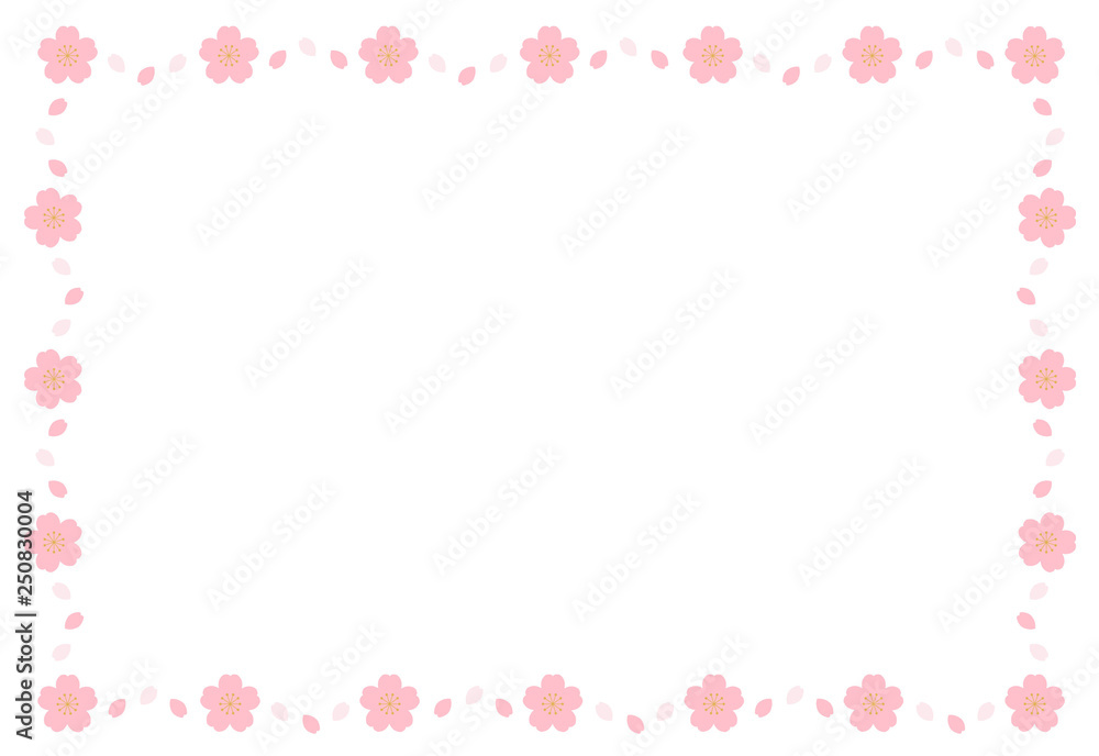桜の花と花びらの四角いフレームのイラスト