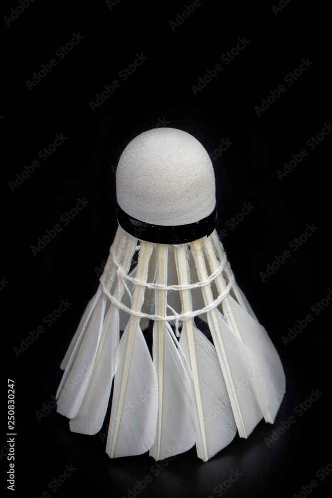 Image of badminton ball on black background. Sport. Object.
