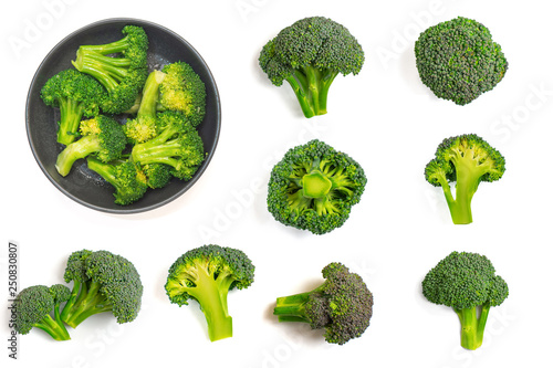 Green broccoli pattern food. Isolated vegetable on white background. Top view