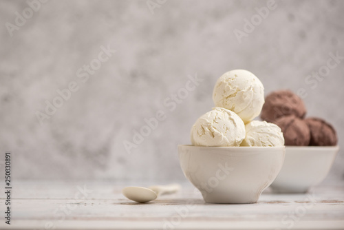 Bowl of vanilla and chocolate ice cream on light background. Side view. With copy space