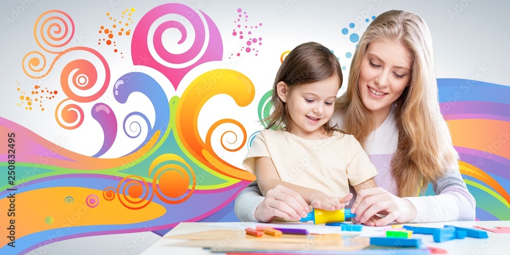 Fototapeta premium Happy Mother and daughter drawing