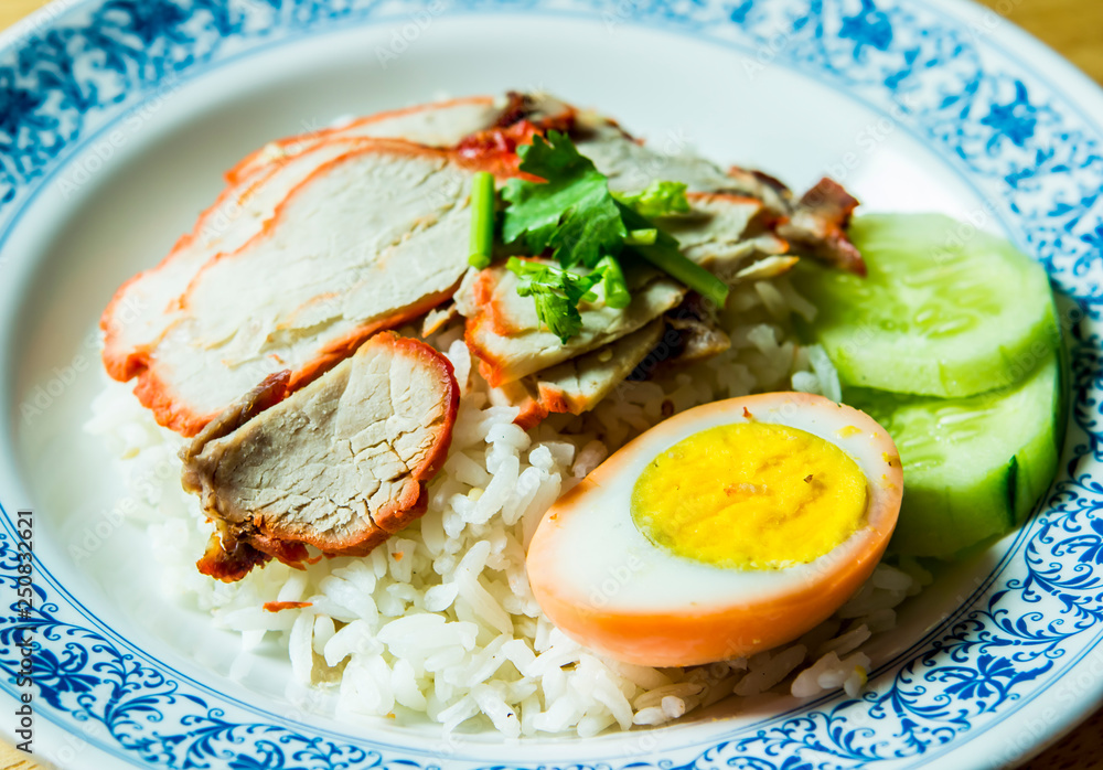 rice with roasted red pork, Thai street food rice with roasted red pork, Thai street food