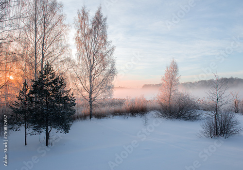 wonderful winter scene. Frosty, misty morning on the small river. frost covered trees in the warm glow of sunrise on the beach. The beauty of the world