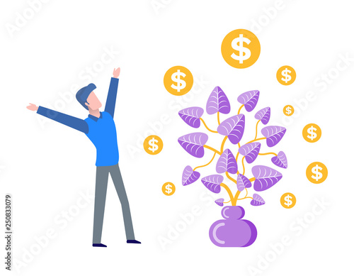 Businessman happy to see harvest of money tree vector. Plan growing in pot, frondage and leaves with dollar signs, flowers in container with soil