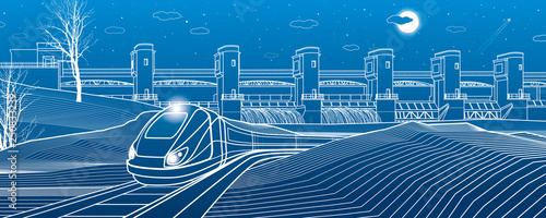 Urban life. Train goes along the lake bank. Hydro power plant at background. River Dam, energy station, water power. Vector design art