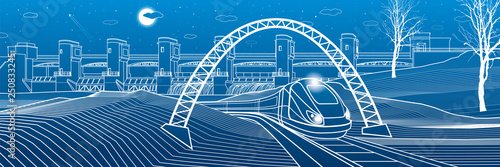Urban life. Train goes along the lake bank. Hydro power plant at background. River Dam, energy station, water power. Vector design art